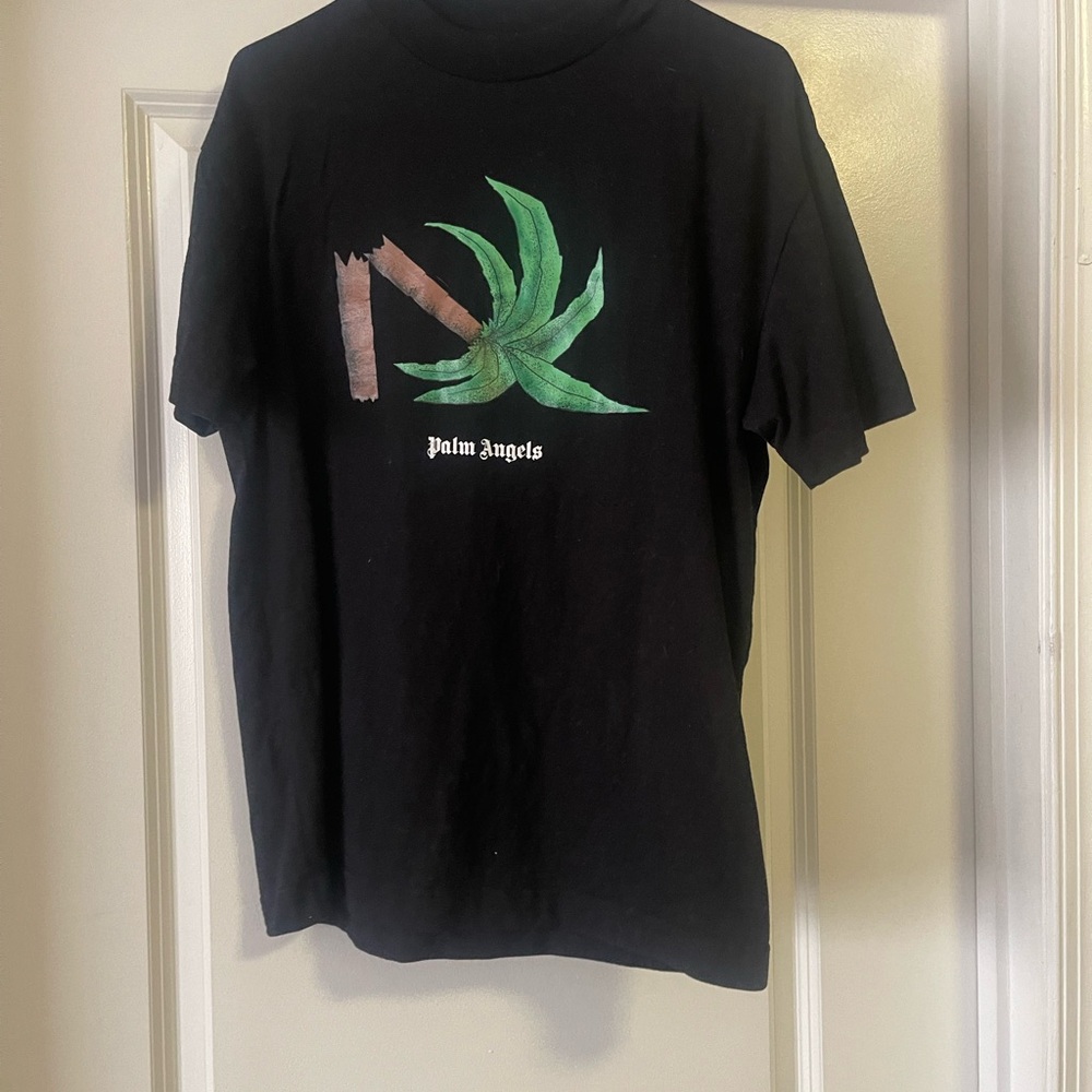 Palm Angels Black T-Shirt with Green and Brown Design